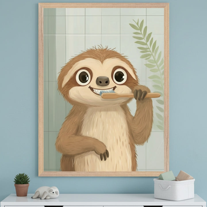 Child's room with a light blue wall. A large framed illustration of a happy brown sloth brushing its teeth hangs centered above a white dresser. The sloth is in front of a tiled bathroom wall with a green plant.