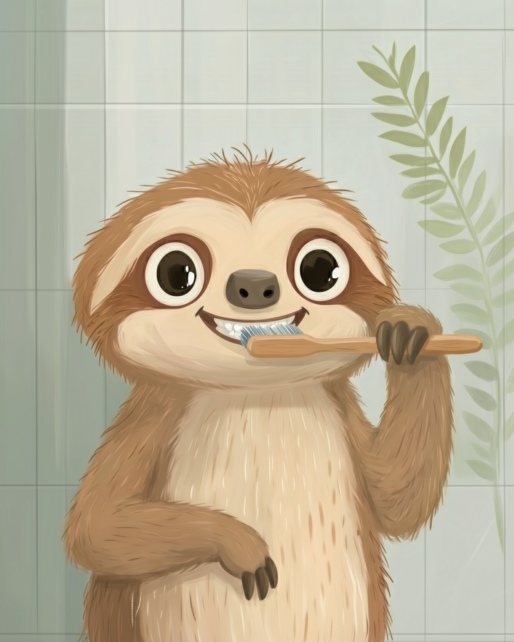A smiling cartoon sloth holds a toothbrush and brushes its teeth in a tiled bathroom with a leafy plant in the background. The gentle tone makes dental routines look relaxed and enjoyable.