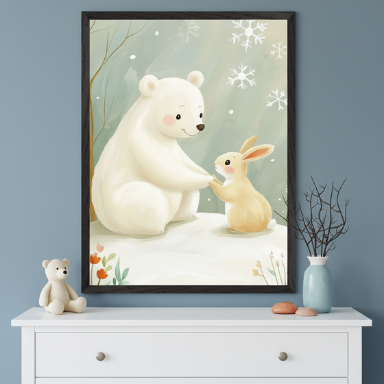 Modern room with a white cabinet. A framed watercolor illustration hangs above it, depicting a white polar bear and a brown rabbit holding hands in a snowy landscape with snowflakes.