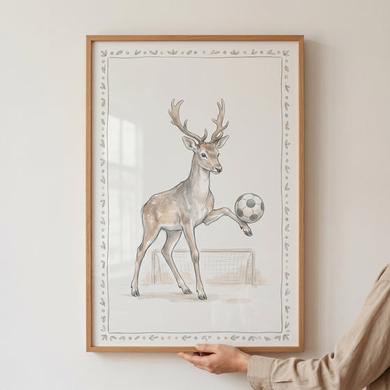 Framed soccer ball balancing deer wall art features an antlered buck with a soccer goal in the background.