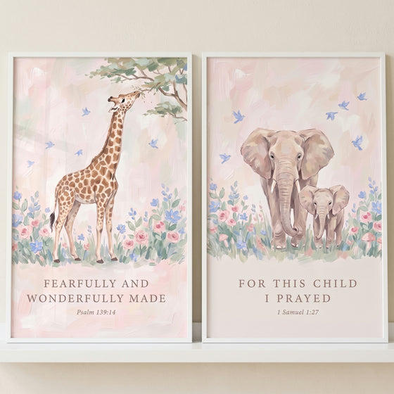 soft christian safari animal bible wall art set of 2 with a giraffe, elephant and baby, flowers, and scripture.
