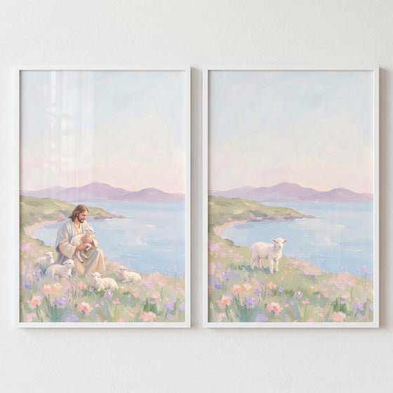 Jesus and lambs in a floral seaside meadow in this soft coastal wildflower wall art set of 2.