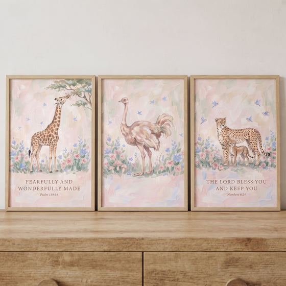 Soft floral savanna animals wall art set of 3 with a giraffe, ostrich, and cheetah family including scripture.