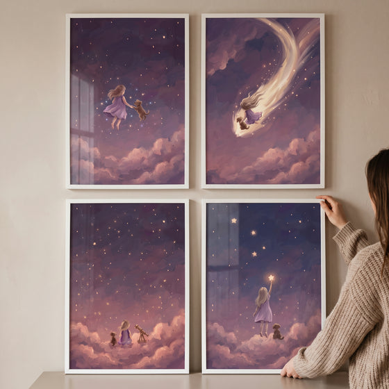 Soft lavender girl puppy artwork set of 4 features a child and dog exploring a starry night sky with pink clouds.