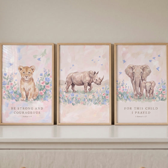 Soft palette savanna animals wall art set of 3 with a lion cub, rhino, and elephants featuring Bible verses.
