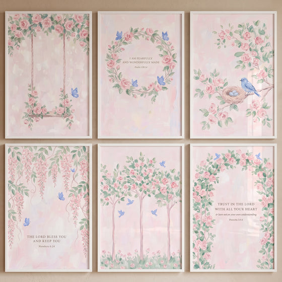 Soft pastel botanical rose floral wall art set of 6 with pink roses, green vines, blue birds, butterflies, and bible verses.