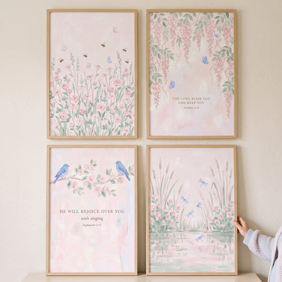 Soft pastel floral garden wall art set of 4 with birds, butterflies, bees, dragonflies, and Bible verses in wood frames.