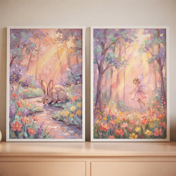 Soft Pastel Impasto Forest Wall Art Set of 2 - Whimsical Woodland Dream