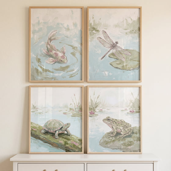 Soft pastel pond animals wall art set of 4 featuring a fish, dragonfly, turtle, and frog in light wood frames.