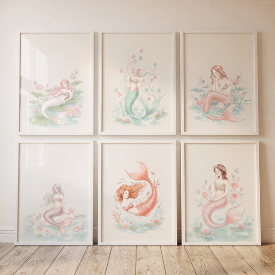 Soft pastel watercolor mermaid wall art set of 6 featuring whimsical mermaids among flowers, butterflies, and lily pads.