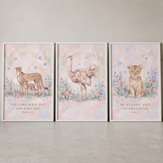 Soft pink scripture animals wall art set of 3 featuring watercolor safari animals and inspirational Bible verses.