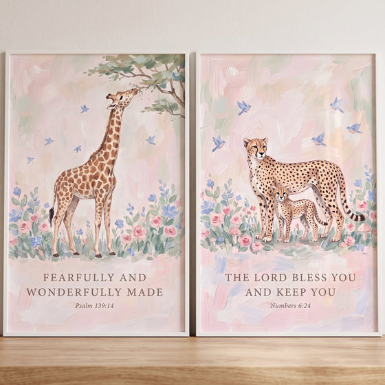 Soft scripture safari animals wall art set of 2 featuring a giraffe and cheetah family with bible verses in pastel hues.
