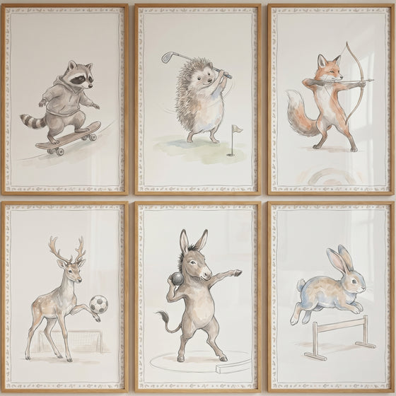 Soft tones sporting animals wall art set of 6 depicting a raccoon, hedgehog, fox, deer, donkey, and rabbit playing sports.