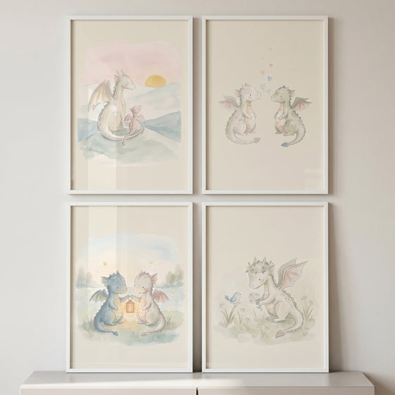 Soft watercolor baby dragon wall art set of 4 in white frames depicts whimsical dragons in various pastel scenes.