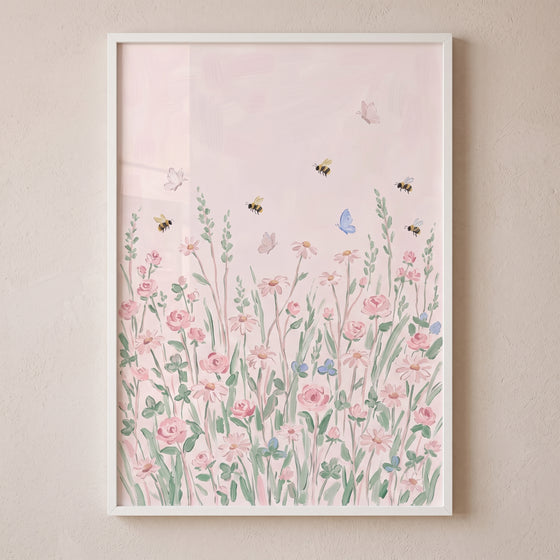 Soft watercolor bee wildflower wall art featuring pink blossoms, bees, and butterflies in a white frame.