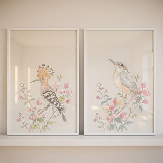 Soft watercolor botanical birds wall art set of 2 featuring a hoopoe and kingfisher perched on flowering branches.