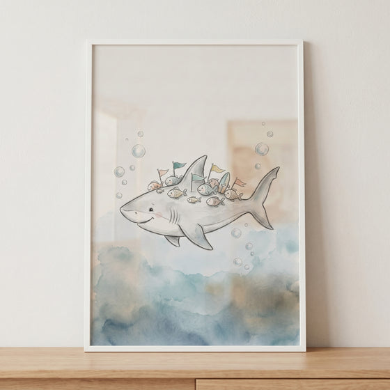 Framed soft watercolor friendly shark wall art with a smiling shark carrying small fish and colorful flags.