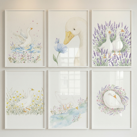 Six framed watercolor illustrations arranged in a grid feature white ducks in soft nature scenes including splashing in water standing among flowers drinking from a stream and resting in a floral wreath. The pastel colors and gentle details create a cohesive calm nursery wall display with a sweet countryside feel.