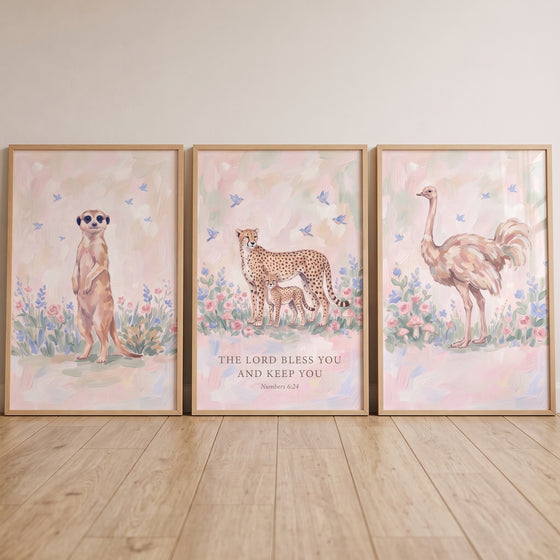Sophisticated blush safari animals wall art set of 3 featuring a meerkat, cheetah with cub, ostrich, and a Bible verse.