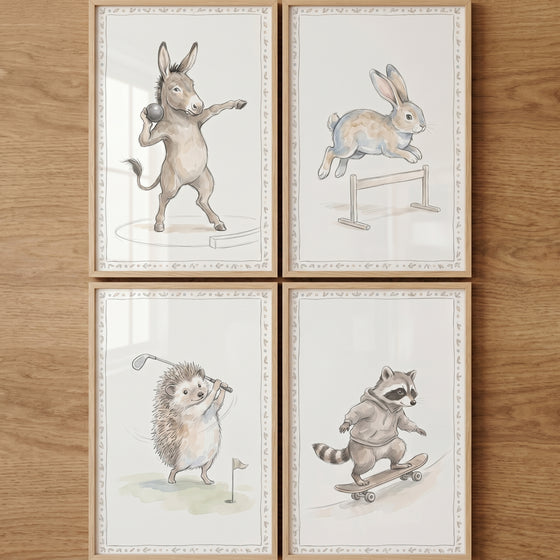 Sophisticated watercolor athletic animal wall art set of 4: a donkey, rabbit, hedgehog, and raccoon competing in sports.