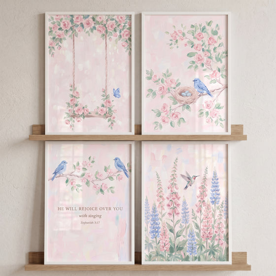 Sophisticated watercolor garden wall art set of 4 with birds, roses, a swing, and scripture on wood shelves.