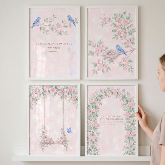 Sophisticated watercolor rose garden wall art set of 4 featuring blue birds and bible verses in white frames.