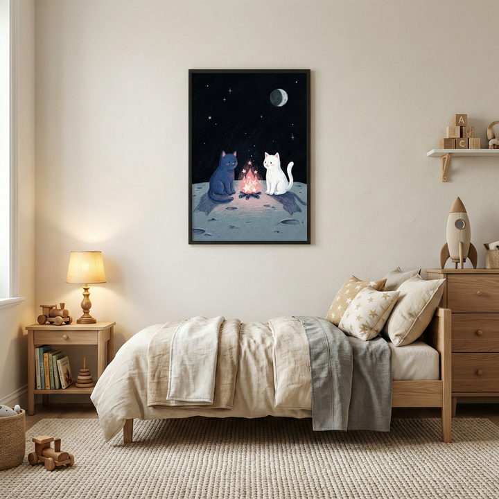 A cozy, neutral-toned child's bedroom features a light wood bed frame with beige and grey linens and pillows decorated with star patterns. On the wall above the bed hangs a black-framed artwork of a dark blue cat and a white cat sitting around a small campfire on a cratered lunar surface, set against a starry night sky with a crescent moon. Beside the bed is a wooden nightstand with a warm lamp and a few books.