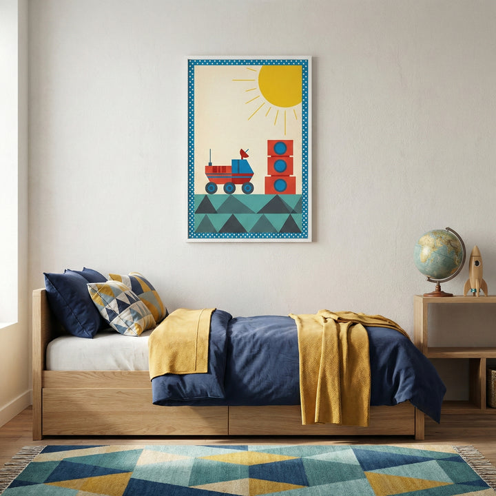 A bright and modern child's bedroom features a light-colored wooden bed with navy blue and yellow bedding. Above the bed hangs a large framed graphic print showing a stylized red and blue space vehicle on a planet's surface under a bright yellow sun. A colorful rug with a blue, teal, and yellow geometric pattern sits on the floor. To the right, a wooden shelf holds a globe and a small wooden rocket model. The walls are a neutral off-white color.