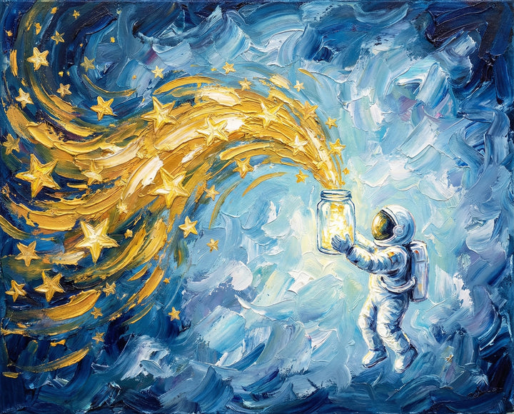 An expressive oil painting of an astronaut releasing bright golden stars from a glowing jar into a whirlwind of swirling blue and yellow brushstrokes in space.
