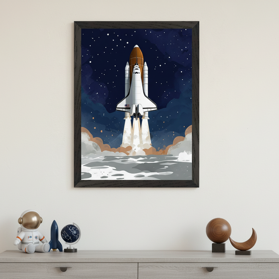 Modern room with a light gray wooden dresser. Centered above the dresser is a black-framed illustration of a space shuttle launching into a dark blue, starry sky. Space-themed decorative items, including an astronaut figurine and a small rocket, are displayed on the dresser.