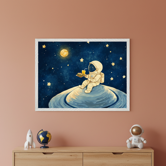 Framed illustration of an astronaut sitting on a swirling blue planet, holding a tray with a sandwich and a drink, surrounded by stars and a glowing yellow moon in a deep night sky. The dresser below is decorated with a toy rocket, a small globe, and a plush astronaut figure, complementing the space-themed decor.
