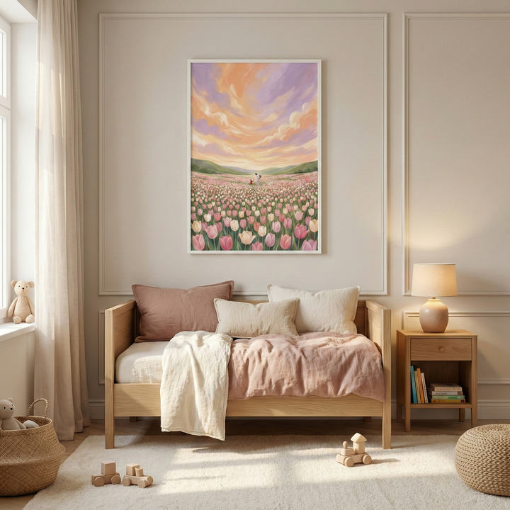 A large framed art piece depicting a vast field of pink and cream tulips under a sunset sky with peach and violet clouds hangs on a neutral wall with decorative molding. Below it, a light wood daybed is styled with a soft pink duvet and light-colored accent pillows. A matching bedside table sits to the right, topped with a glowing ceramic lamp and a few books. Natural light streams through sheer white curtains onto a plush rug where small wooden toys are placed. A simple stuffed bear sits by the window.