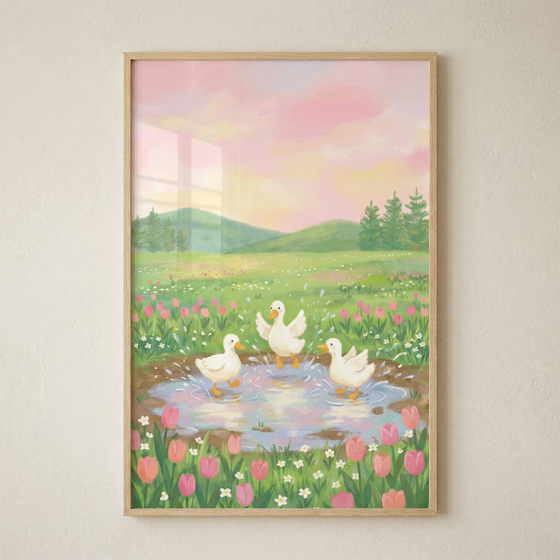 A whimsical digital illustration in a soft, storybook style. Three adorable white ducklings with orange beaks are splashing joyfully in a small, clear puddle in the middle of a lush green meadow. The meadow is densely filled with vibrant pink tulips and tiny white flowers. In the background, rolling green hills rise under a dreamy, pastel-colored sky featuring soft washes of pink, peach, and pale yellow, suggesting a peaceful sunset. The overall aesthetic is gentle and charming, with soft textures and a war
