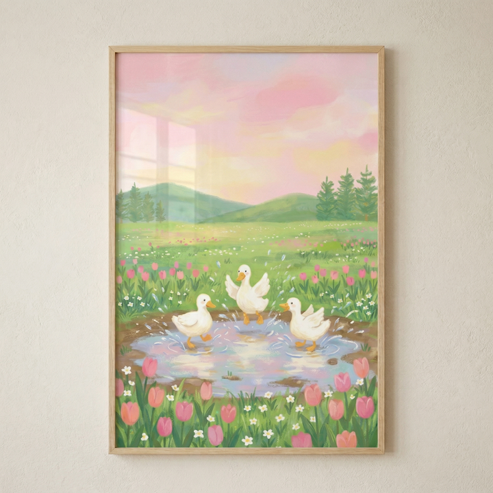 A whimsical digital illustration in a soft, storybook style. Three adorable white ducklings with orange beaks are splashing joyfully in a small, clear puddle in the middle of a lush green meadow. The meadow is densely filled with vibrant pink tulips and tiny white flowers. In the background, rolling green hills rise under a dreamy, pastel-colored sky featuring soft washes of pink, peach, and pale yellow, suggesting a peaceful sunset. The overall aesthetic is gentle and charming, with soft textures and a war