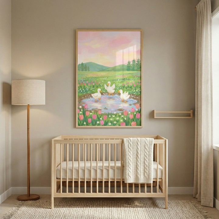 This serene nursery features a light-toned wooden crib centered against a neutral beige wall. A large framed illustration hangs above the crib, depicting a peaceful countryside scene. The artwork shows three white ducks in a small pond, surrounded by a vibrant field of pink and white tulips and green grass. In the background, rolling green hills and pine trees sit beneath a soft sunset sky with pink and yellow clouds.