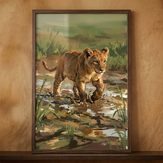 A framed digital illustration features a young lion cub as its central subject. The cub is captured in mid-stride, walking through a shallow, muddy area. Its tawny-colored fur is rendered with expressive, visible strokes, and small, darker spots are visible on its legs. The cub’s face is detailed with large, focused eyes and rounded ears, conveying a sense of youthful determination.
The setting is a tranquil wilderness, with tall blades of grass and reeds surrounding the cub. The ground is a mix of dark,