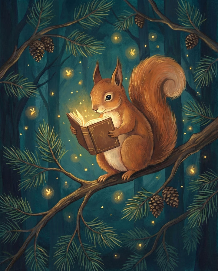 A red squirrel sits on a pine branch surrounded by pinecones and glowing fireflies while reading a book that emits light, creating a cozy and magical woodland scene suited for both children and adults.