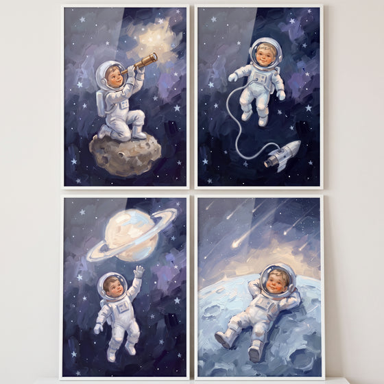 Star filled baby astronaut print set of 4 featuring a child in a space suit exploring moons, planets, and shooting stars.