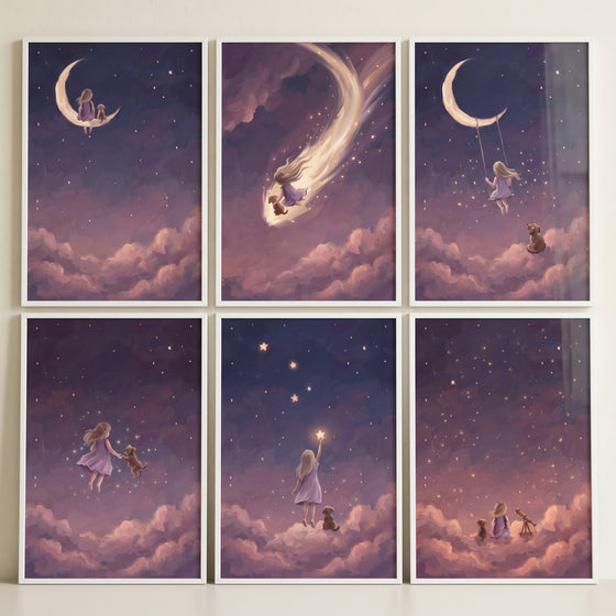 Starlit mauve girl dog wall art set of 6 features a child and pet in dreamy scenes with purple clouds and golden stars.