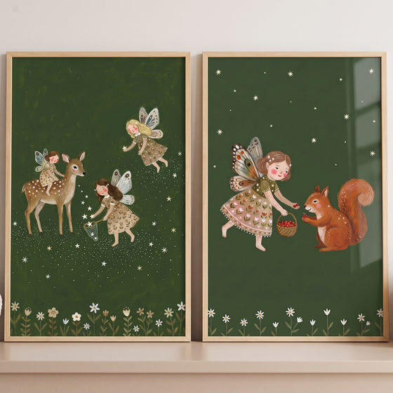 Starry sky woodland fairies wall art set of 2 featuring whimsical fairies, a deer, and a squirrel on green backgrounds.