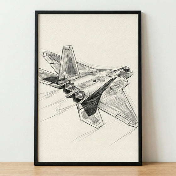 A pencil sketch of a modern military fighter jet, presented in a black frame resting on a wooden surface. The illustration shows the jet from an elevated rear perspective, highlighting its sleek, stealth-inspired design with twin engines and angled tail fins. The drawing style features visible pencil strokes, shading, and technical-style construction lines on a light-colored paper background.