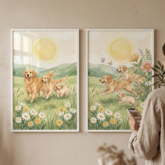 Two side-by-side framed illustrations hang on a neutral-toned wall. The watercolor-style artwork features golden retriever dogs in a bright, sunny meadow. In the left frame, three dogs of different sizes stand among white and yellow daisies under a large, soft sun. The right frame shows the same dogs running through a similar grassy field with butterflies. To the right, a person in a light-colored linen shirt is partially visible, holding a smartphone as if taking a photo of the art.