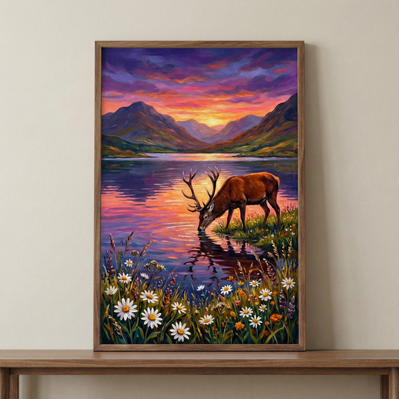 An artistic image encased in a simple wooden frame shows a stag with large, branching antlers drinking from a lake. The scene is set during a vibrant sunset, with the sky filled with dramatic shades of purple, pink, and orange that reflect off the water's surface. In the distance, dark mountain peaks frame the horizon where the sun is setting. The foreground is lush with white daisies and various wildflowers growing along the water's edge.