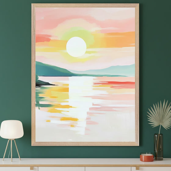Modern room with a dark green wall and a white credenza. A large, light wood framed painting of an impressionistic sunset over water and mountains hangs above the credenza. It features vibrant pink, orange, yellow, and green colors.