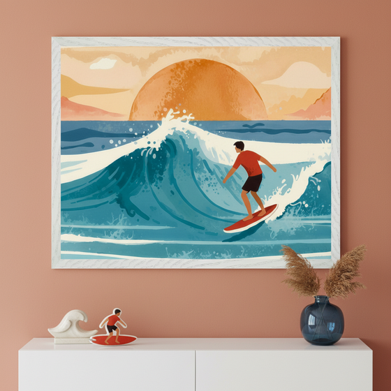 Modern room with a terracotta wall and white dresser. A large white-framed illustration of a surfer on a big blue wave with a setting orange sun hangs above. On the dresser, a white wave sculpture, a surfer cutout, and a blue vase with pampas grass.