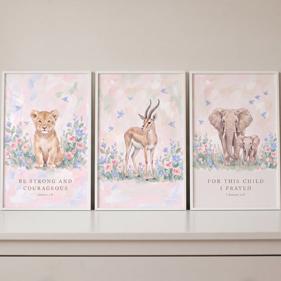 Sweet blooming safari animals wall art set of 3 featuring a lion cub, gazelle, and elephants with bible verses.