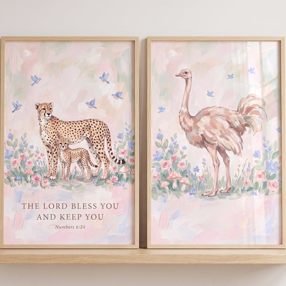 Sweet floral safari animals wall art set of 2 featuring a cheetah, cub, Bible verse, and an ostrich in pastel flowers.