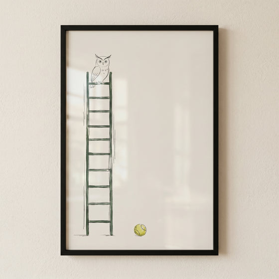 Framed minimalist tall ladder sitting owl wall art next to a small yellow tennis ball.