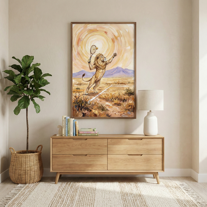 A cozy living room features a wooden sideboard topped with books and a white lamp, positioned beneath a whimsical painting of a lion playing tennis in a desert landscape. A lush green plant in a woven basket stands beside the sideboard, and a textured rug covers the light wood floor.