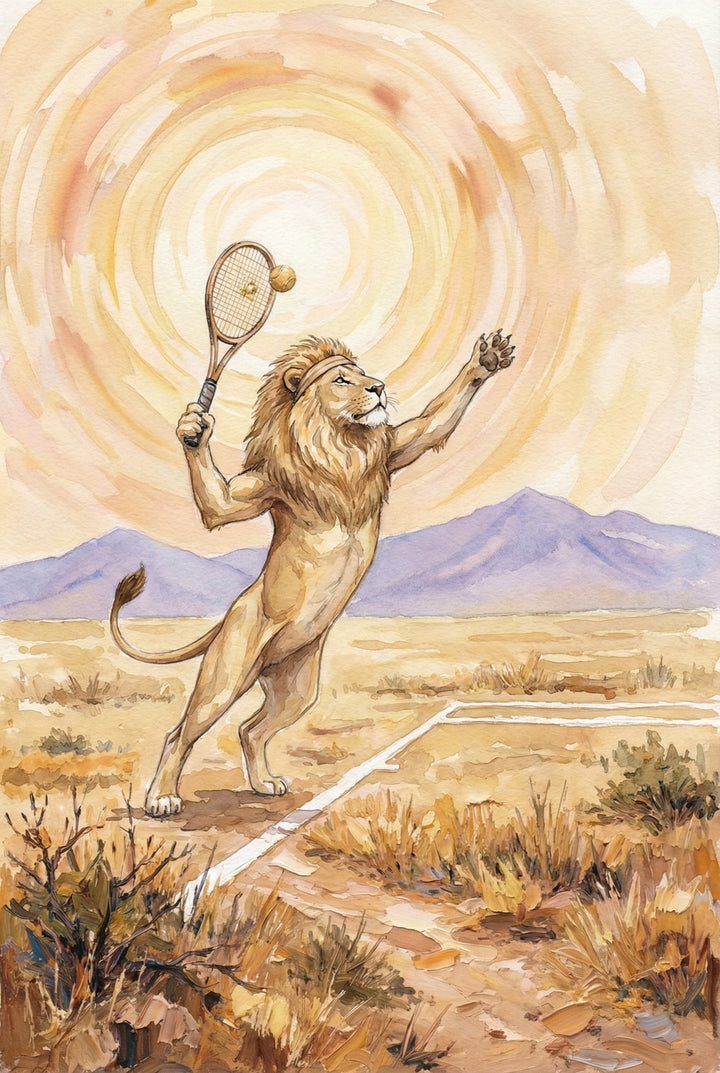 An illustration in a watercolor style depicts a bipedal, muscular lion playing tennis in a dry desert. The lion wears a headband and holds a wooden racket, poised to hit a tennis ball. One paw is raised in the air as it stands on a white court line. The background features purple mountains beneath a sky of swirling, concentric golden and tan washes, creating a warm effect around the animal athlete. Sparse, dry vegetation is scattered across the foreground.